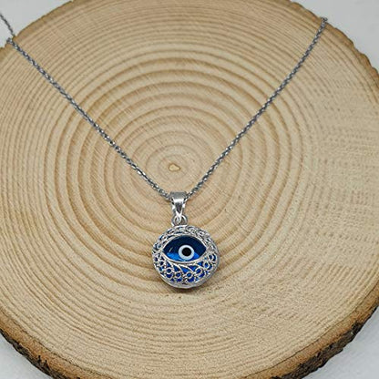 MYSTIC JEWELS by Dalia - Crystal and 925 Sterling Silver Evil Eye Necklace - Filigree Turkish Eye (Round)