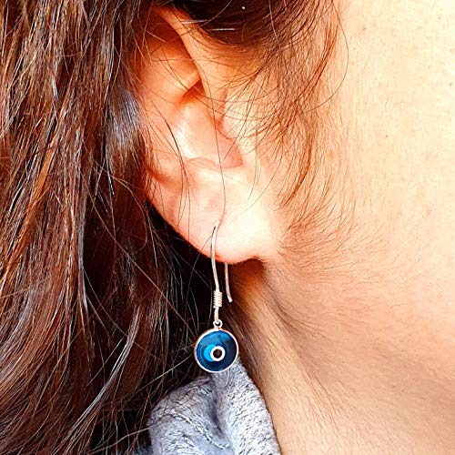 MYSTIC JEWELS By Dalia - 925 Sterling Silver Drop Earring - Round Turkish Eye for Good Luck (Light Blue)