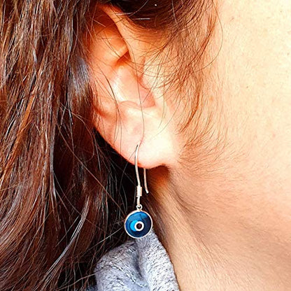 MYSTIC JEWELS By Dalia - 925 Sterling Silver Drop Earring - Round Turkish Eye for Good Luck (Light Blue)