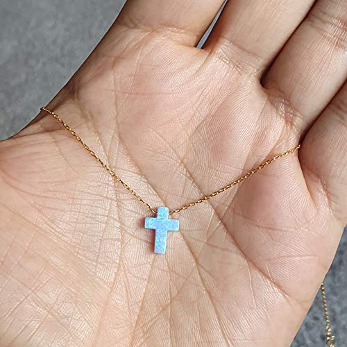 MYSTIC JEWELS by Dalia Necklace with Cross Pendant, 925 Sterling Silver, Synthetic Opal, Length 40 cm + 5 cm Adjustable… (Gold)