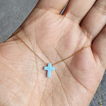 MYSTIC JEWELS by Dalia Necklace with Cross Pendant, 925 Sterling Silver, Synthetic Opal, Length 40 cm + 5 cm Adjustable… (Gold)