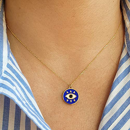 MYSTIC JEWELS by Dalia - Round Eye Necklace for Good Luck - 925 Sterling Silver Enameled in Blue (Golden)