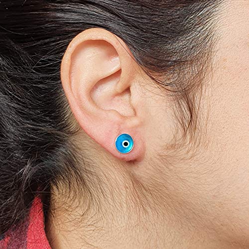 MYSTIC JEWELS By Dalia - Small Turkish Evil Eye Crystal Earrings - 925 Sterling Silver (Light Blue)