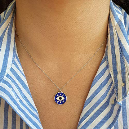 MYSTIC JEWELS by Dalia - Round Eye Necklace For Good Luck - 925 Sterling Silver Enameled in Blue (925 Silver)