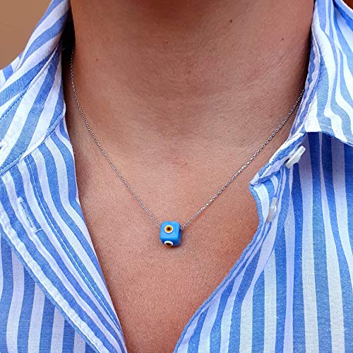 MYSTIC JEWELS by Dalia - Blue Crystal Cube Evil Eye Necklace for Good Luck - 925 Sterling Silver Chain (Turquoise)