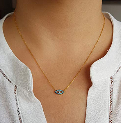 Mystic Jewels by Dalia Round Turkish Eye Pendant Necklace 925 Sterling Silver with Cubic Zirconia and Enamel in Strong Blue (Turquoise)