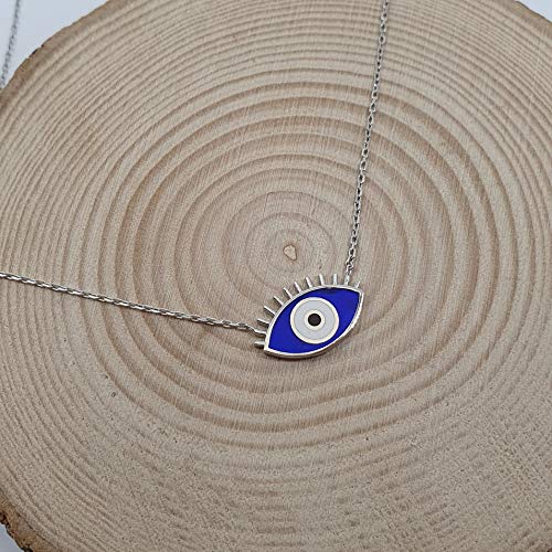 MYSTIC JEWELS by Dalia - Eye Necklace with Eyelashes - 925 Sterling Silver Enameled in Blue Color for Good Luck (925 Silver)