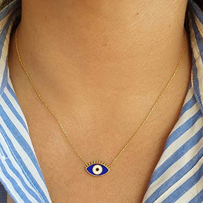 MYSTIC JEWELS by Dalia - Eye Necklace with Eyelashes - 925 Sterling Silver Enameled in Blue for Good Luck (Golden Silver)