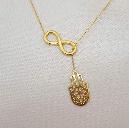 MYSTIC JEWELS by Dalia - Hand of Fatima with Infinity - 925 Sterling Silver - Gift for Good Luck (Golden)