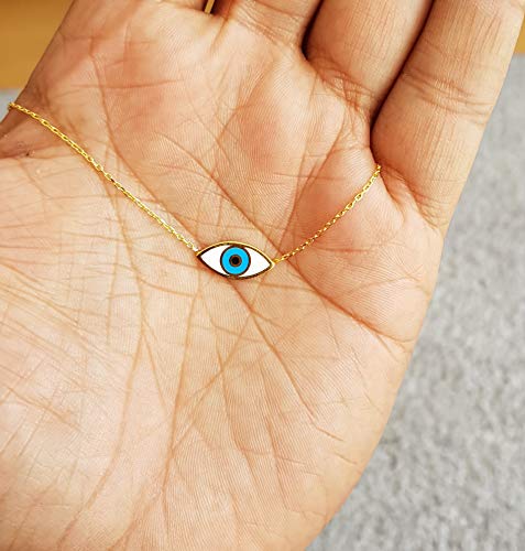 MYSTIC JEWELS by Dalia - Evil Eye Necklace - Rhodium - 925 Sterling Silver Enameled with White and Blue for Good Luck for Women and Girls (Gold)