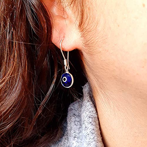 MYSTIC JEWELS By Dalia - 925 Sterling Silver Drop Earring - round Turkish eye for good Luck (Transparent Strong Blue)