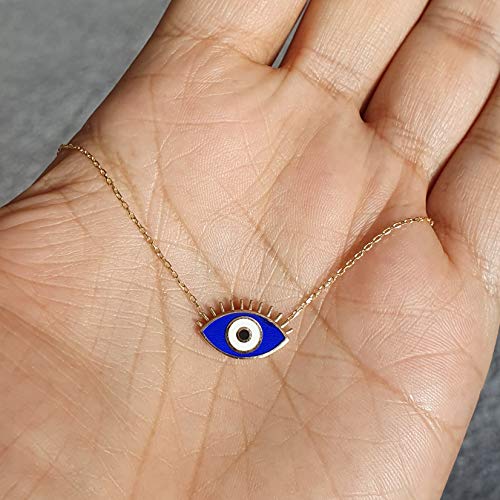 MYSTIC JEWELS by Dalia - Eye Necklace with Eyelashes - 925 Sterling Silver Enameled in Blue for Good Luck (Golden Silver)