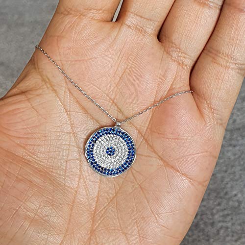 MYSTIC JEWELS by Dalia - 925 Sterling Silver Blue Round Turkish Eye Pendant Necklace with Cubic Zirconia (Silver)