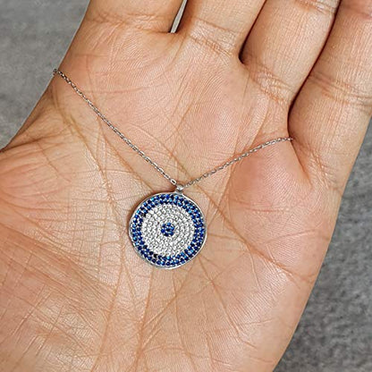 MYSTIC JEWELS by Dalia - 925 Sterling Silver Blue Round Turkish Eye Pendant Necklace with Cubic Zirconia (Silver)