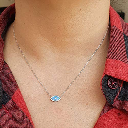 MYSTIC JEWELS by Dalia - Opal Necklace in the Shape of a Turkish Eye, 925 Sterling Silver with Cubic Zirconia (Silver)