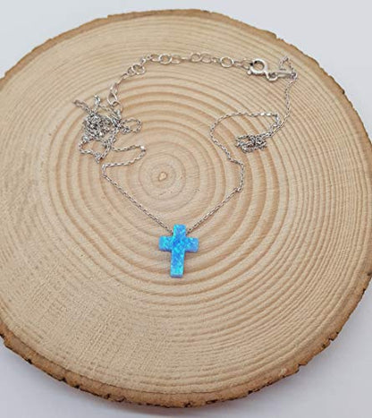 Mystic Jewels by Dalia Cross Pendant Necklace, 925 Sterling Silver, Synthetic Opal, Length 40 cm + 5 cm Adjustable