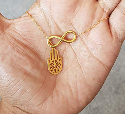 MYSTIC JEWELS by Dalia - Hand of Fatima with Infinity - 925 Sterling Silver - Gift for Good Luck (Golden)