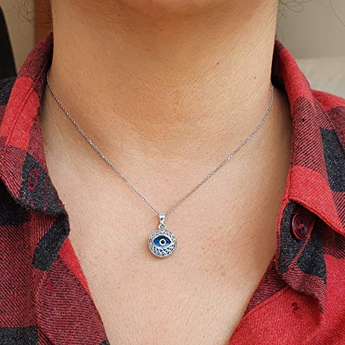 MYSTIC JEWELS by Dalia - Crystal and 925 Sterling Silver Evil Eye Necklace - Filigree Turkish Eye (Round)