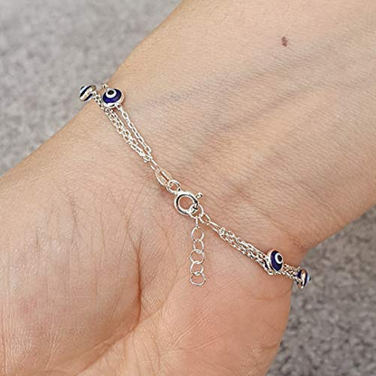 MYSTIC JEWELS By Dalia - 19cm Silver Evil Eye Bracelet on Triple Chain with tiny eyes - For Good Luck (Navy Blue)