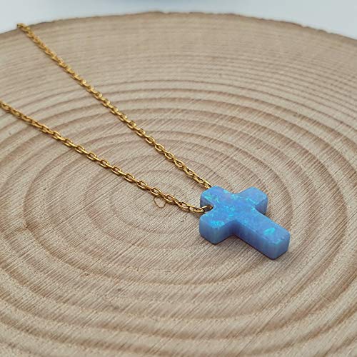 MYSTIC JEWELS by Dalia Necklace with Cross Pendant, 925 Sterling Silver, Synthetic Opal, Length 40 cm + 5 cm Adjustable… (Gold)