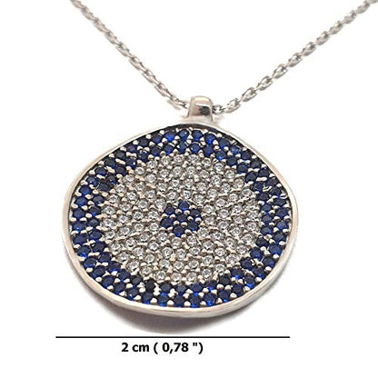 MYSTIC JEWELS by Dalia - 925 Sterling Silver Blue Round Turkish Eye Pendant Necklace with Cubic Zirconia (Silver)