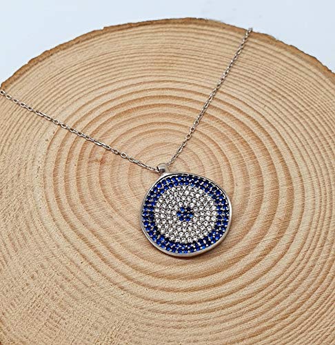MYSTIC JEWELS by Dalia - 925 Sterling Silver Blue Round Turkish Eye Pendant Necklace with Cubic Zirconia (Silver)