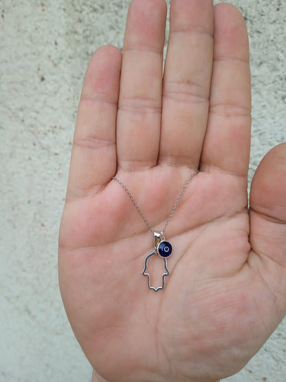 MYSTIC JEWELS By Dalia - 925 Sterling Silver Hamsa Necklace with a 7mm Evil Eye Pendant Dangling (Classic)