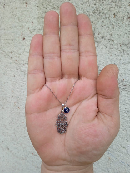 MYSTIC JEWELS By Dalia - 925 Sterling Silver Hamsa Necklace with a 7mm Evil Eye Charm Dangling (Star of David)