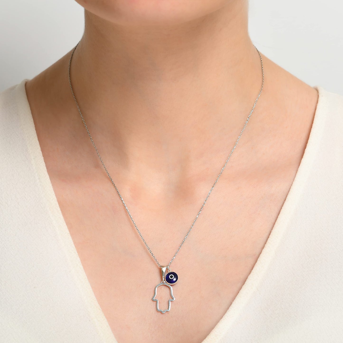 MYSTIC JEWELS By Dalia - 925 Sterling Silver Hamsa Necklace with a 7mm Evil Eye Pendant Dangling (Classic)