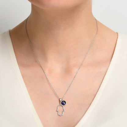 MYSTIC JEWELS By Dalia - 925 Sterling Silver Hamsa Necklace with a 7mm Evil Eye Pendant Dangling (Classic)