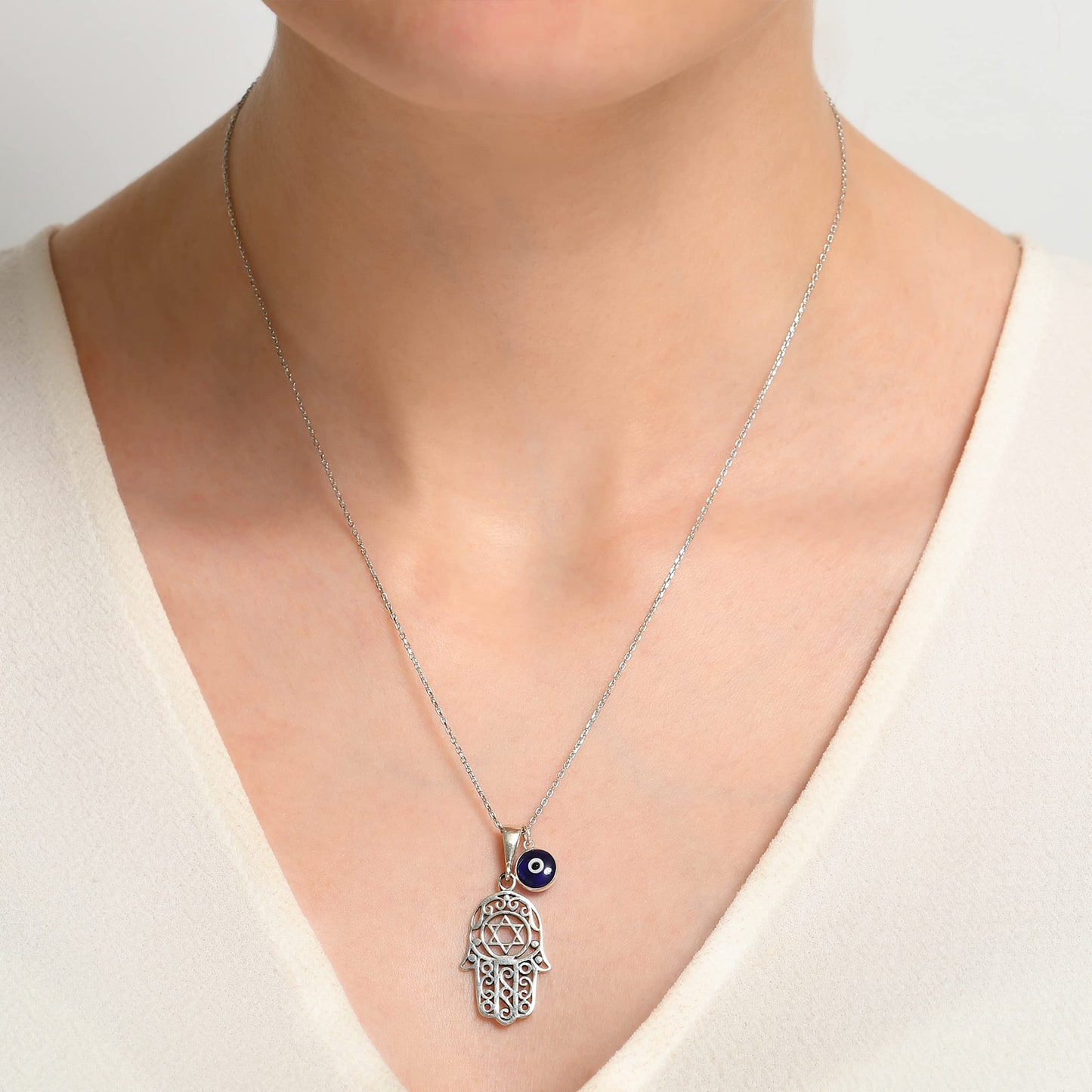MYSTIC JEWELS By Dalia - 925 Sterling Silver Hamsa Necklace with a 7mm Evil Eye Charm Dangling (Star of David)
