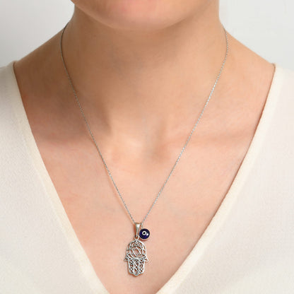 MYSTIC JEWELS By Dalia - 925 Sterling Silver Hamsa Necklace with a 7mm Evil Eye Charm Dangling (Star of David)
