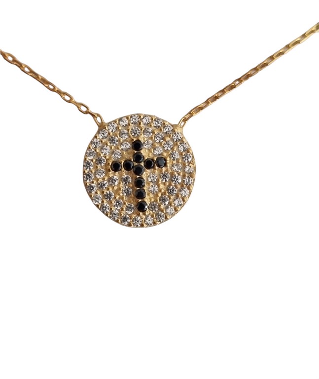 Black Cross Crystal Evil Eye Necklace with white zircons around for Good Luck - 925 Sterling Silver - Chain 40 to 45 cm Length, for Christmas, Wedding, Valentine's Day
