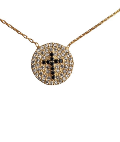 Black Cross Crystal Evil Eye Necklace with white zircons around for Good Luck - 925 Sterling Silver - Chain 40 to 45 cm Length, for Christmas, Wedding, Valentine's Day