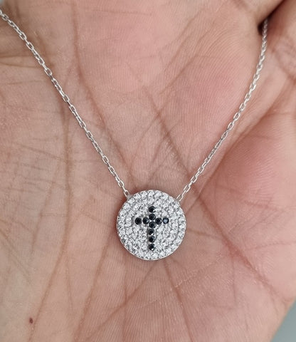 Black Cross Crystal Evil Eye Necklace with white zircons around for Good Luck - 925 Sterling Silver - Chain 40 to 45 cm Length, for Christmas, Wedding, Valentine's Day