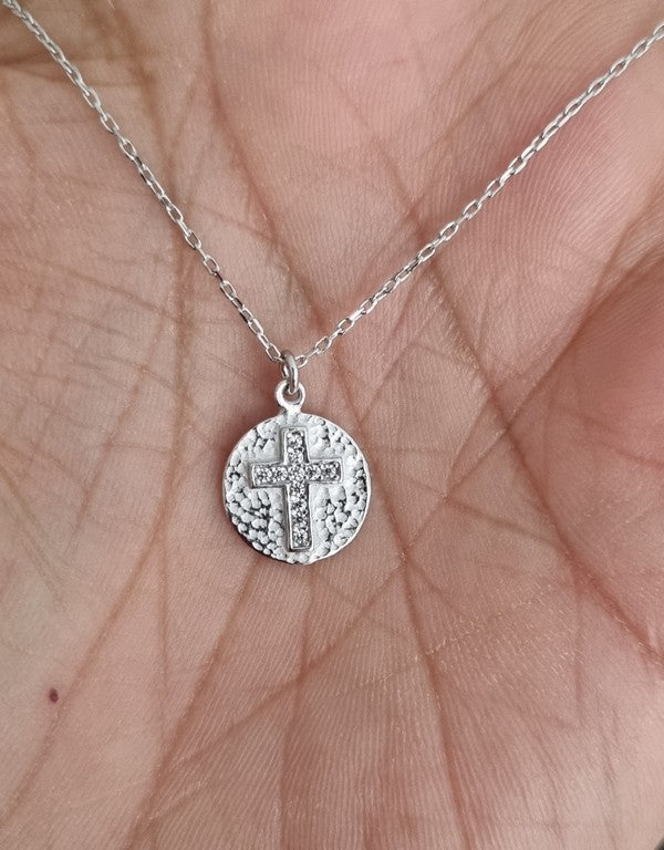 Necklace - 925 Sterling Silver - Chain 40 to 45 cm Length, Cross with zircons