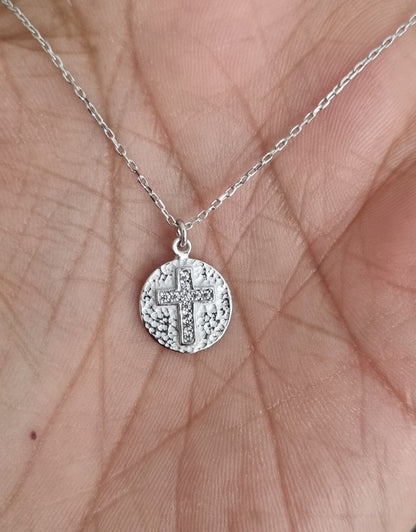 Necklace - 925 Sterling Silver - Chain 40 to 45 cm Length, Cross with zircons