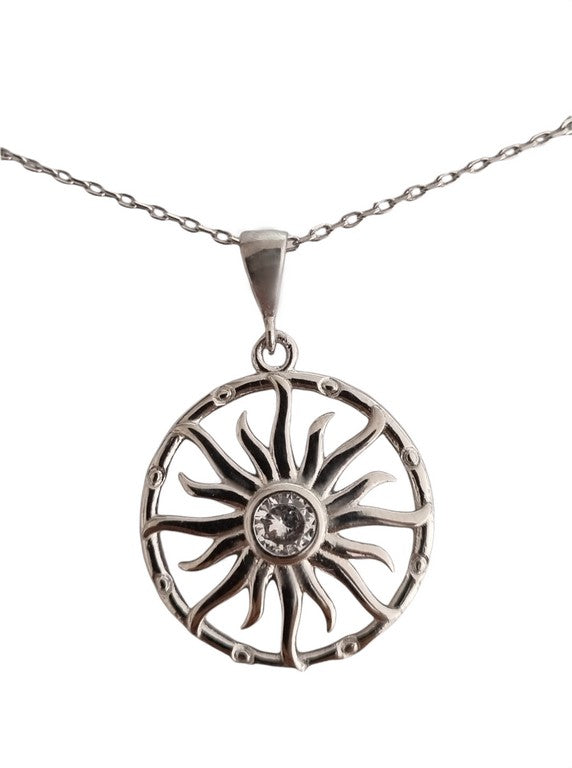 Necklace - 925 Sterling Silver - Chain 40 to 45 cm Length, Sun-shaped with a zircon in the middle
