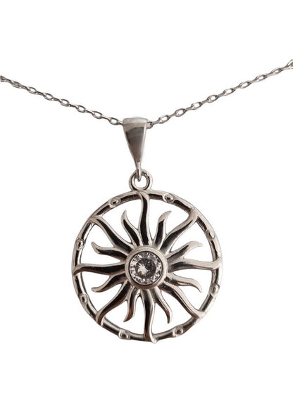 Necklace - 925 Sterling Silver - Chain 40 to 45 cm Length, Sun-shaped with a zircon in the middle