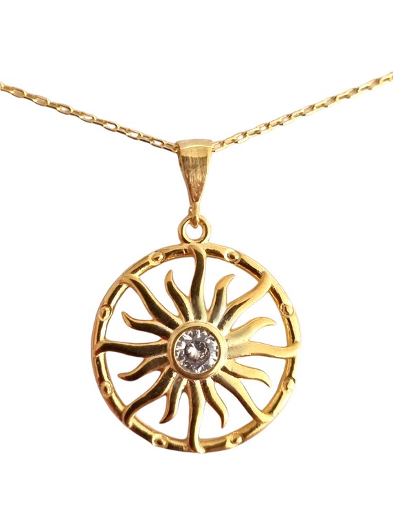 Necklace - 925 Sterling Silver - Chain 40 to 45 cm Length, Sun-shaped with a zircon in the middle