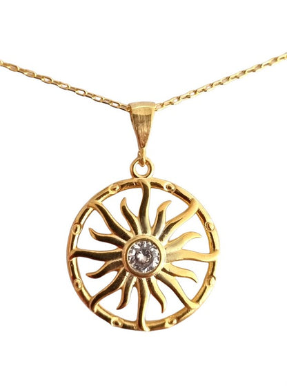 Necklace - 925 Sterling Silver - Chain 40 to 45 cm Length, Sun-shaped with a zircon in the middle