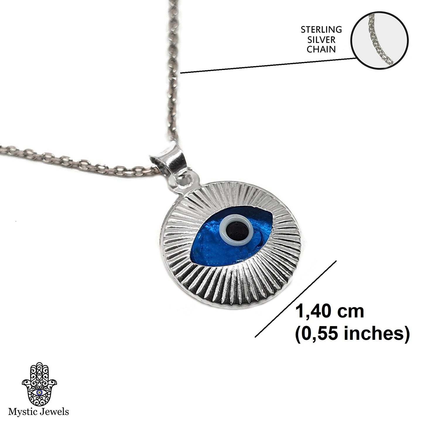 Crystal and 925 Sterling Silver Evil Eye Necklace - Round Turkish Eye for Gifting