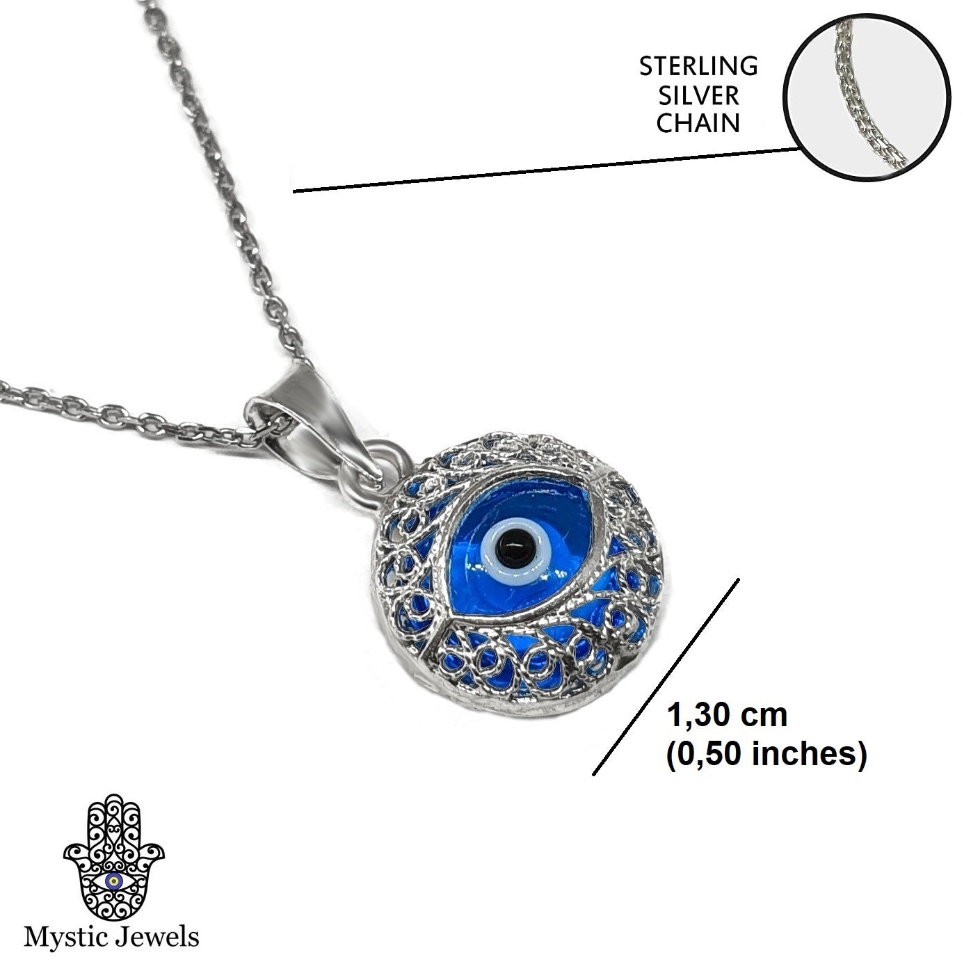 Crystal and 925 Sterling Silver Evil Eye Necklace - Filigree Turkish Eye