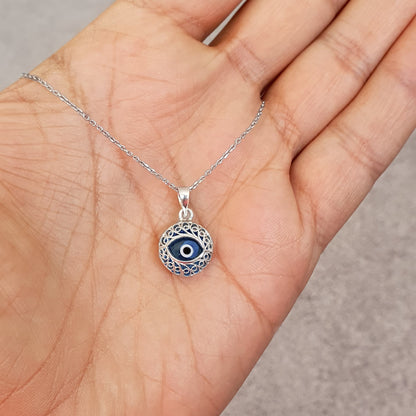 Crystal and 925 Sterling Silver Evil Eye Necklace - Filigree Turkish Eye